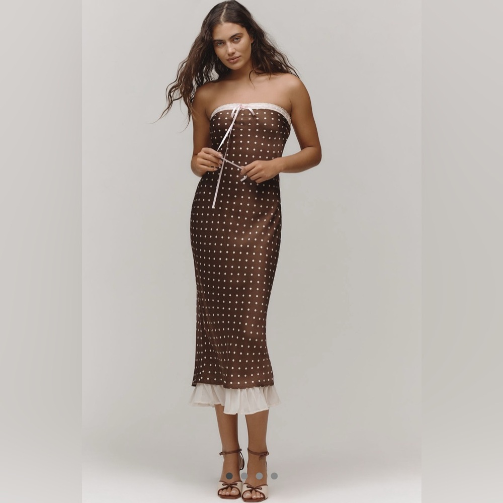 For Love & Lemons Brown Polka Dot Strapless Midi Dress with Cream Trim